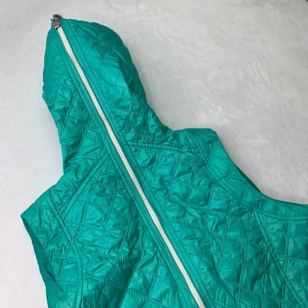 Laundry Shelli Segal Sz M Turquoise Teal Quilted Thin Puffer Vest Full Zip Hood
